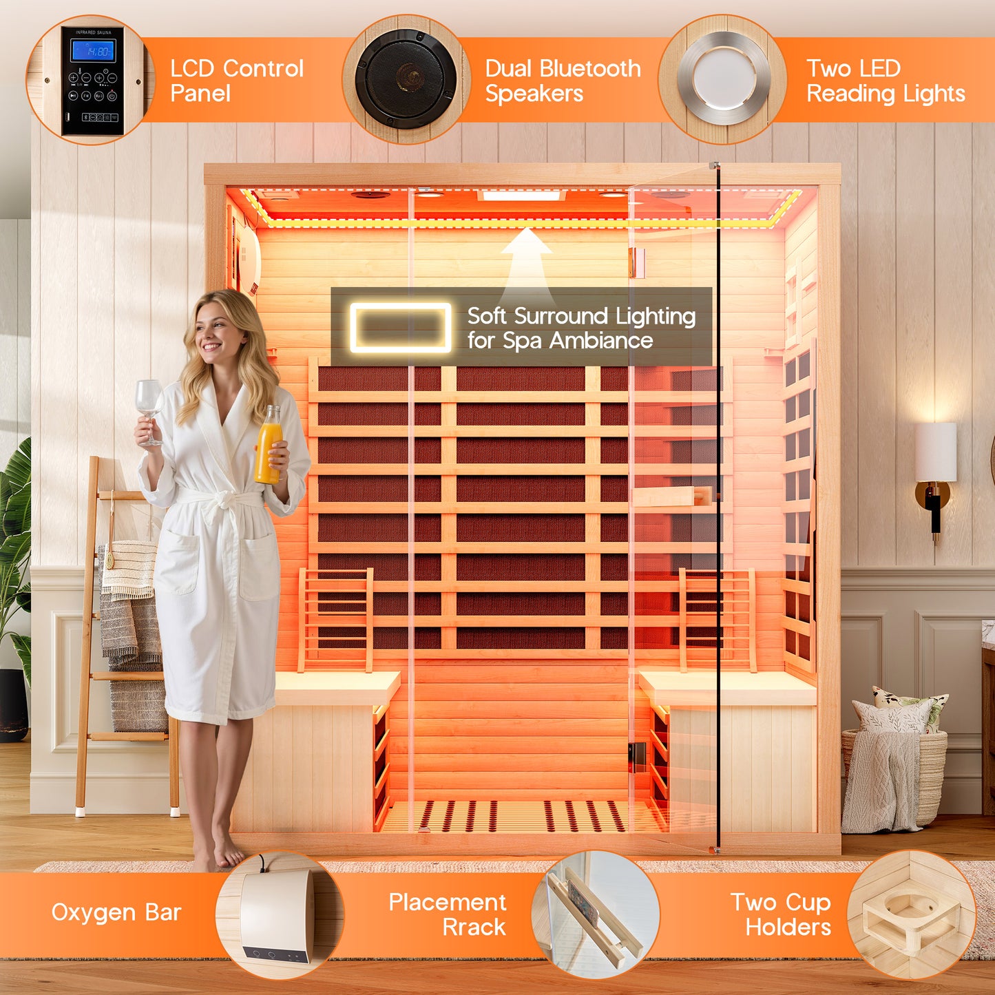 4-Person Infrared Sauna, 2145W Hemlock Wood Indoor Spa with Foot Warmer& 7-Color Light Therapy, Ambient Light Strips 63.2"x47.2"x75.2"