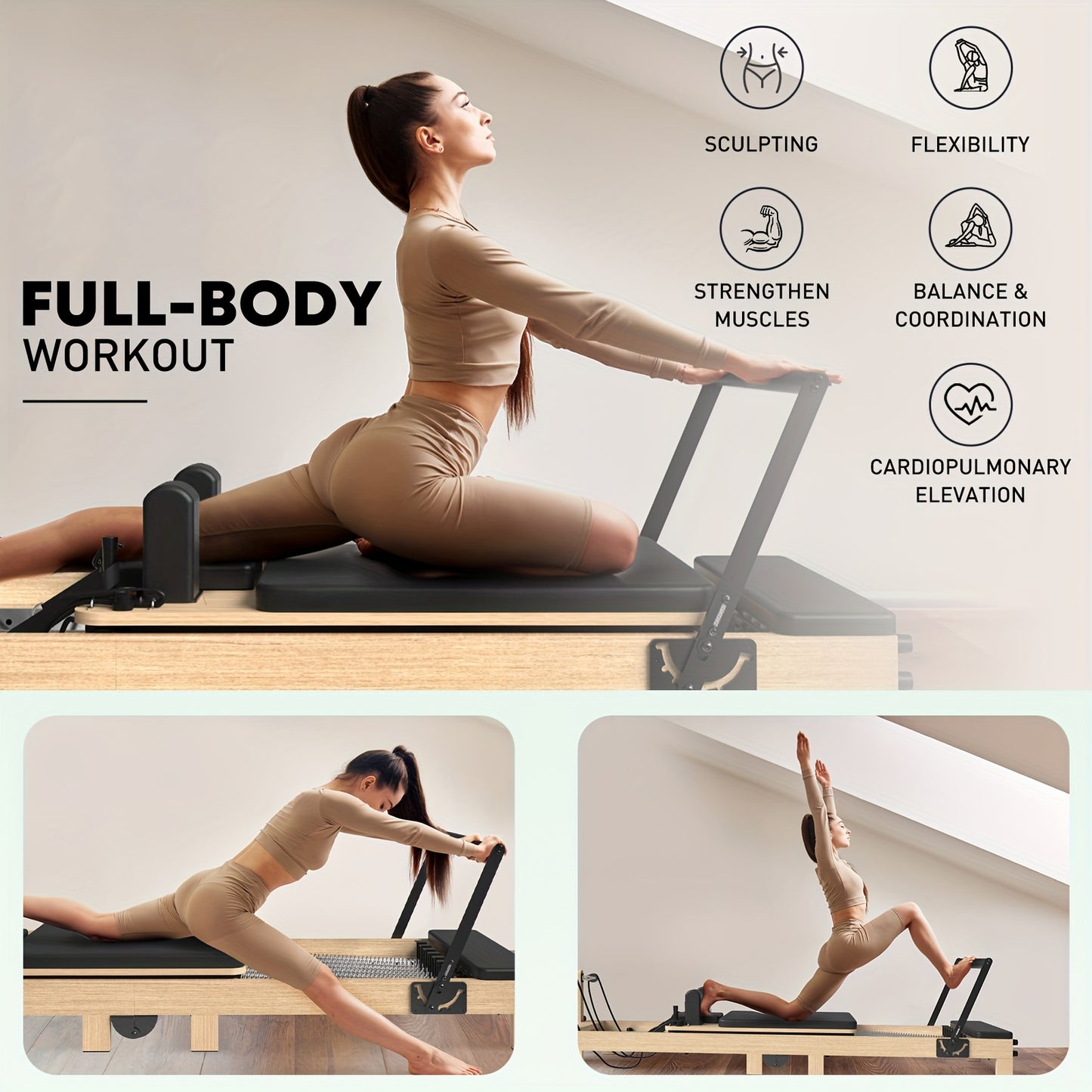 Pilates Reformer Machine, Wood Pilates Machine Bed Yoga Exercise Strength Training Equipment For Home Workout