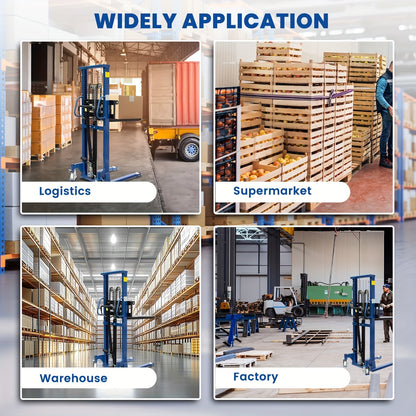 Industrial Heavy-Duty 2200lbs Manual Hydraulic Pallet Stacker | Adjustable Lift Height 3.78"-63" | Fixed Legs & Blue Metal Grid Design | Adjustable Forks For Open Bottom/Block Pallets | Ideal For Warehouses, Factories & Industrial Use