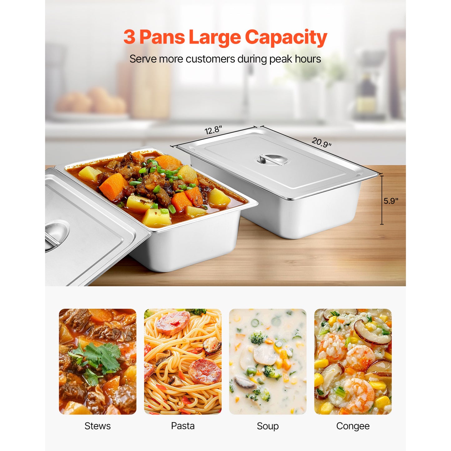 3-Pan/4-Pan/5-Pan Commercial Food Warmer Steam Table with Independent Temperature Control, 110V/220V