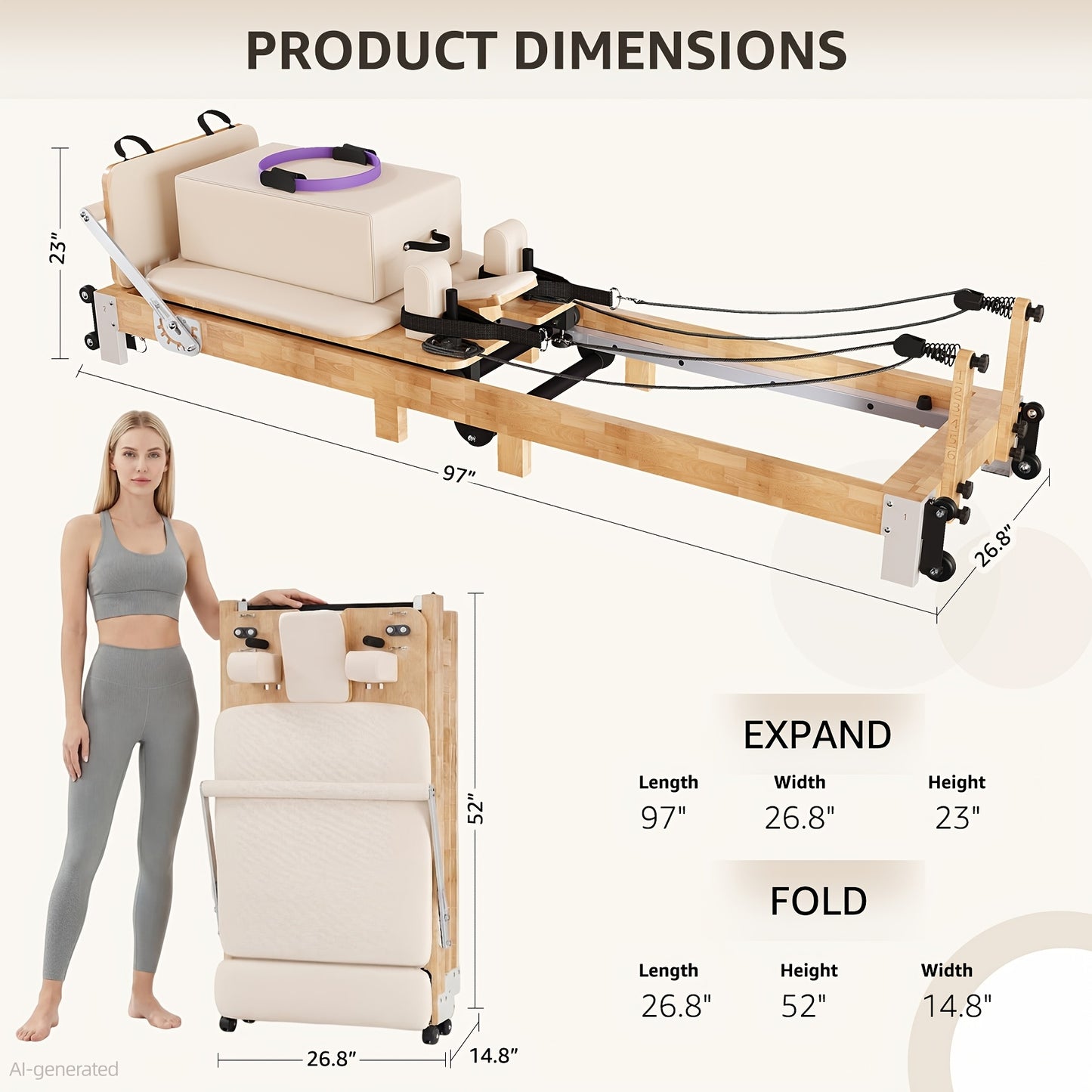 Pilates Reformer Machine, 97"L Foldable Studio Grade Pilates Equipment for Gym And Home, Oak Wood Pilates Reformer with Versatile Reformer Additions