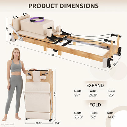Pilates Reformer Machine, 97"L Foldable Studio Grade Pilates Equipment for Gym And Home, Oak Wood Pilates Reformer with Versatile Reformer Additions