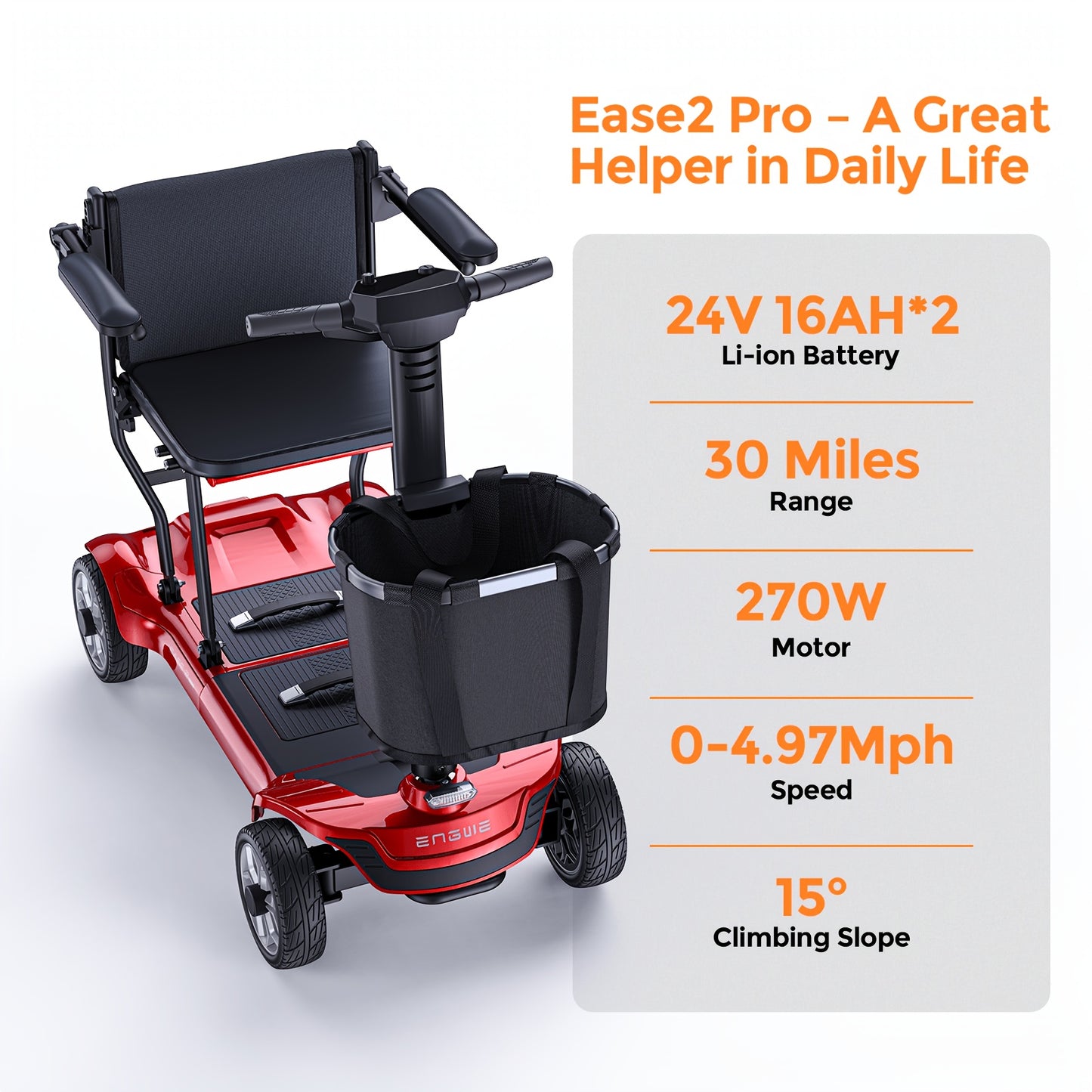 Foldable 4-Wheel Mobility Scooter For Seniors, 270W, 24V 10AH Battery (Single/Double Options), Adjustable Seat & Handlebars, Basket, 8" Tires, 256lbs Capacity, 28.9 KG, Leisurely Rides, Great Gift For Valentine'S Day