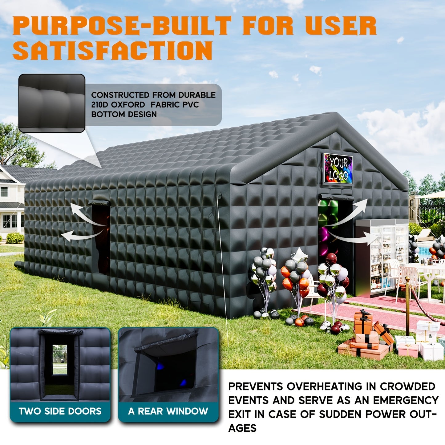 PAPAJET Large Black Inflatable Night Club Tent for Adults with 2 Side Doors, Inflatable Nightclub with Area Gazebo Event House for Wedding Birthday Backyard Party