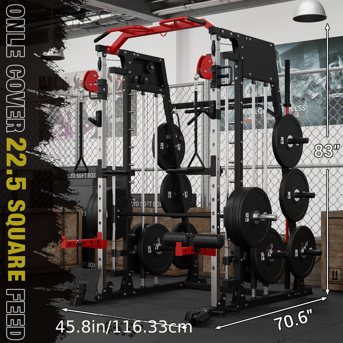 ALL-IN-ONE 2200lbs Smith Machine Home Gym, Squat Rack with LAT-Pull Down System & Cable Crossover Machine, Training Equipment with Weight Bar, 360° Landmine, Barbell Holders And Other Attachments, Total Body Strength Training Cage