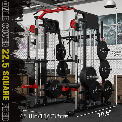 ALL-IN-ONE 2200lbs Smith Machine Home Gym, Squat Rack with LAT-Pull Down System & Cable Crossover Machine, Training Equipment with Weight Bar, 360° Landmine, Barbell Holders And Other Attachments, Total Body Strength Training Cage