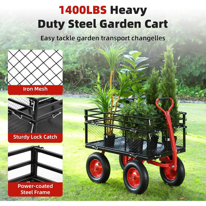 Heavy Duty Garden Utility Cart, Metal Dump Wagon with Removable Sides and 180° Rotating Handle, Yard Garden Cart on Wheels for Outdoor