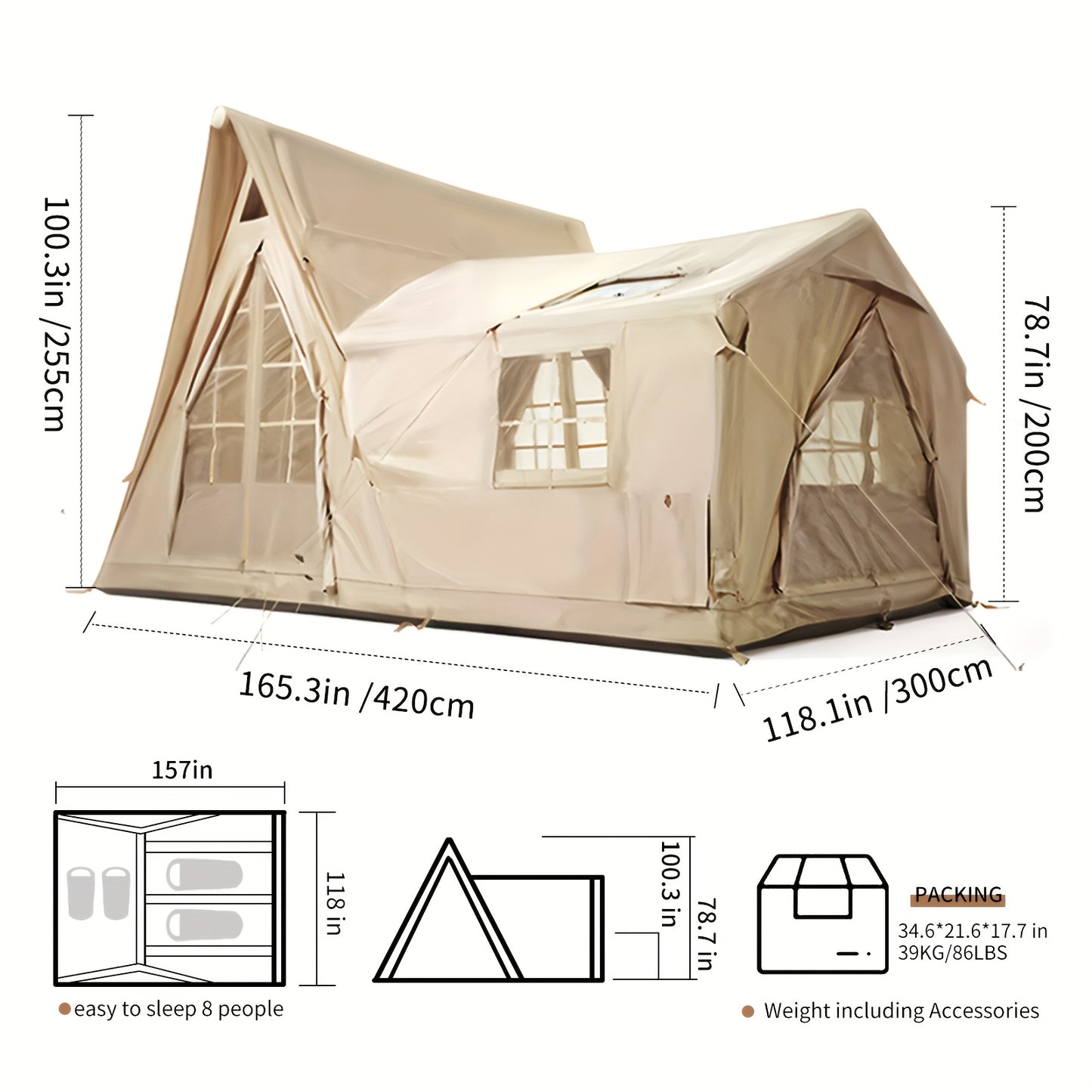 Large Inflatable Tent For 8-10 Person - 135 SQFT Inflatable Cabin Tents For Camping Instant Setup Blow Up Tent 4 Season Inflatable Tents With Stove Jack