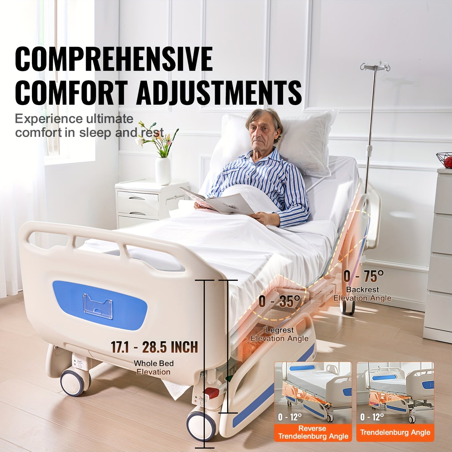 Happybuy Premium 5-Function Full Electric Hospital Bed, ICU Electric Bed With Trendelenburg & Reverse Trendelenburg, 5-Inch Locking Casters & IV Pole, 550LBS Capacity For Home & Hospital Use