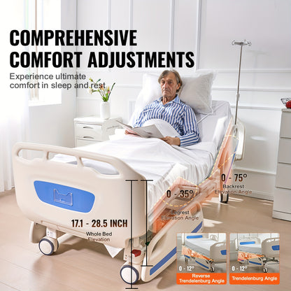 Happybuy Premium 5-Function Full Electric Hospital Bed, ICU Electric Bed With Trendelenburg & Reverse Trendelenburg, 5-Inch Locking Casters & IV Pole, 550LBS Capacity For Home & Hospital Use