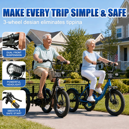 ESKUTE Tricycle for Adults, Folding Trike 18X3.0 Tire Ebike, 624Wh(48V 13AH) Removable Battery, Step-Thru 3 Wheel Electric Bicycle, Up to 55 Miles, Unisex