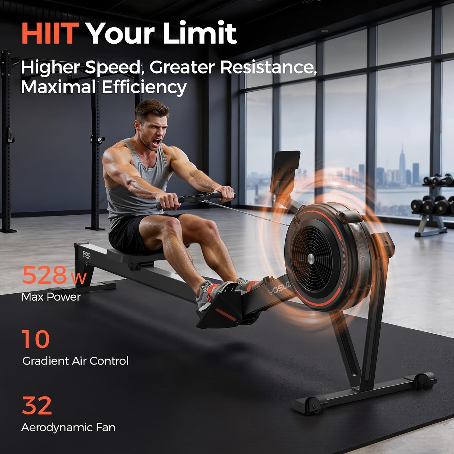 Rowing Machine for Home, Professional Adjustable Air Resistance Rower Machines with Self-Powered Monitor, 53.7'' Row Rail, Ergonomic Comfort Seat, Easy Storage.Suitable for Men/Women.