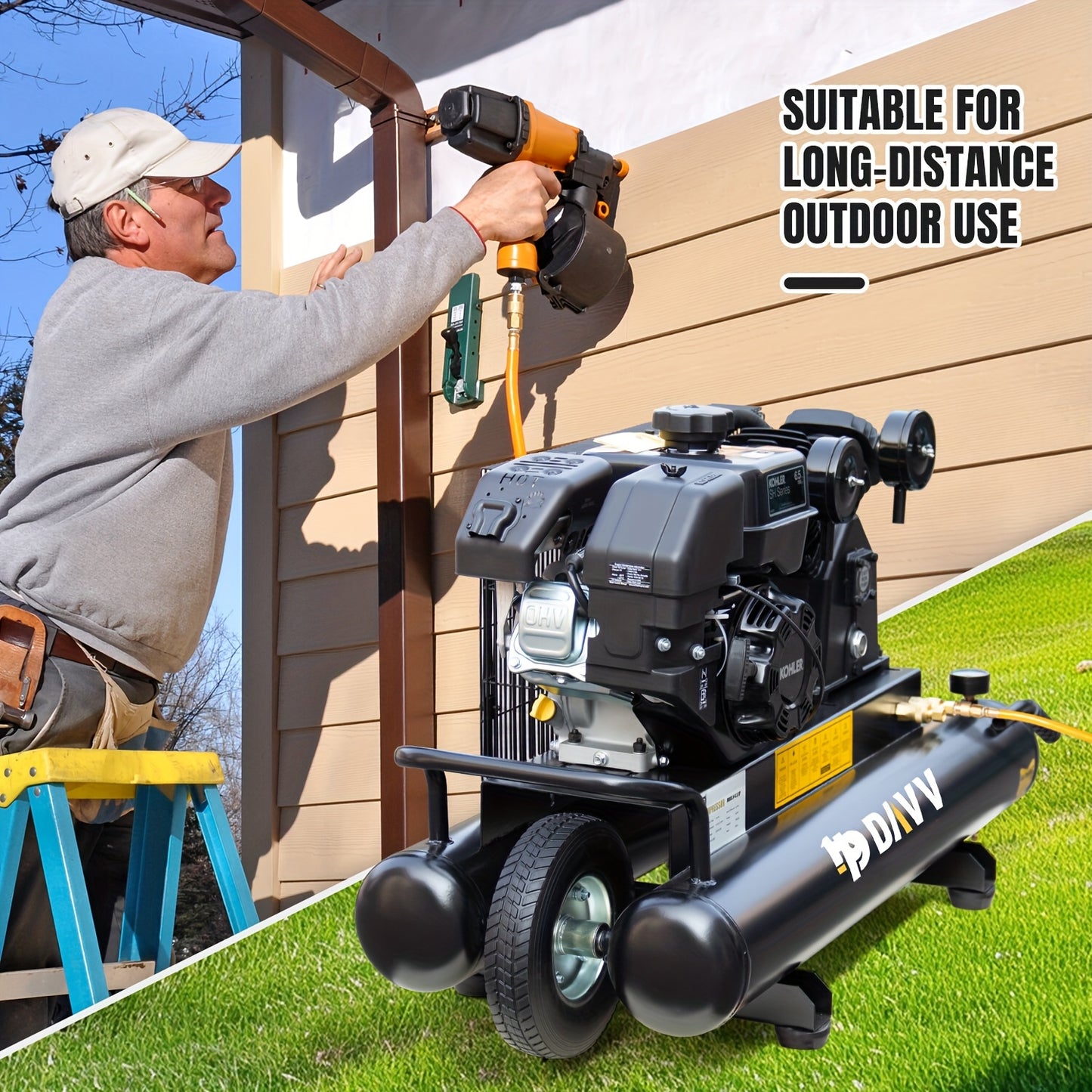6.5HP Gas Powered Portable Air Compressor With 9 Gal Twin Tank, 12 CFM@125 PSI, Without Battery
