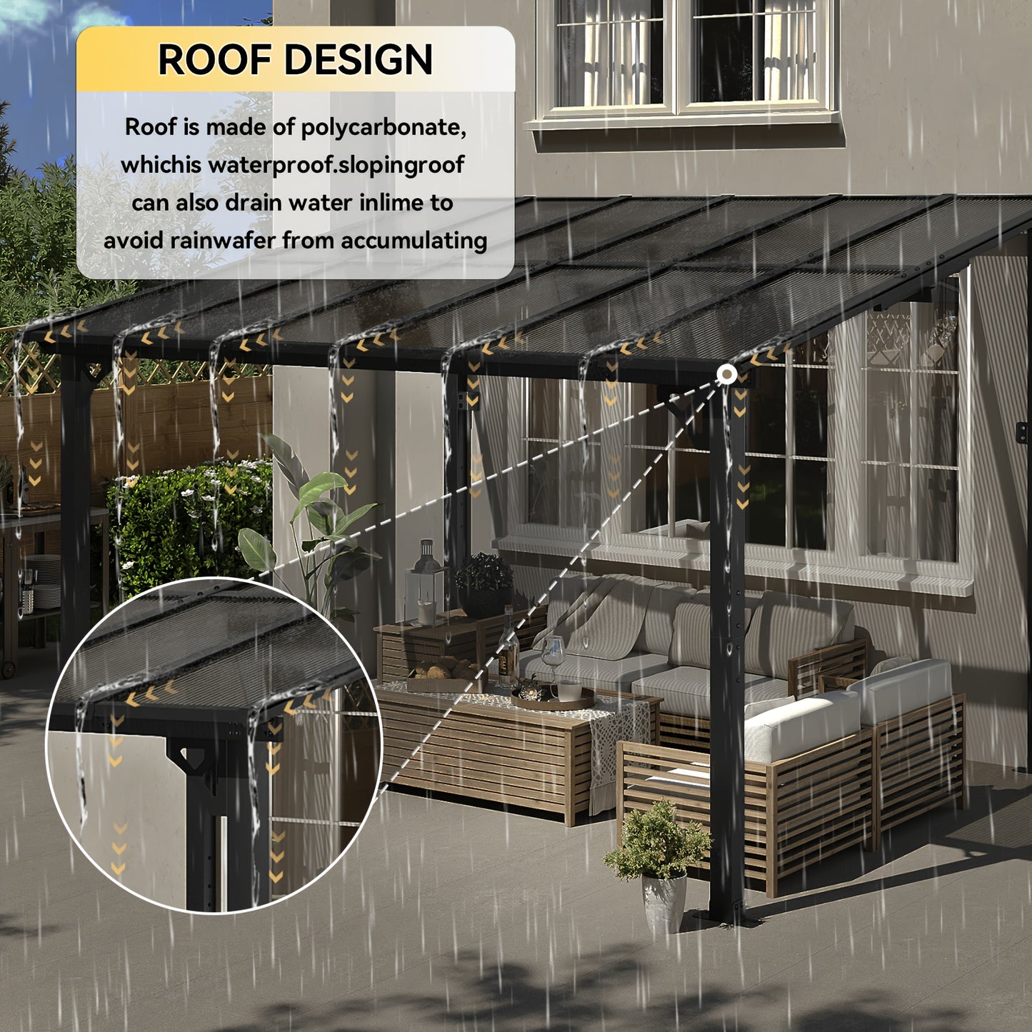 20'x10' Wall Mounted Carport - Hard Top Lean-to Wall Mounted Aluminum Awning With Canopy Roof, Outdoor All-Weather Cover For Patio, Backyard, Deck, Shade & Rain Protection