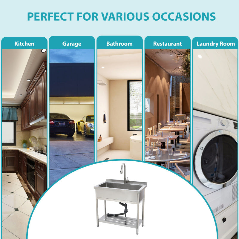 21'D X 36'W X 35.5'H Stainl Steel Large Utility Sink Single Bowl Freestanding Commercial Restaurant Sink with Pull-Out Faucet Utility Sink for Laundry Room Garage Kitchen