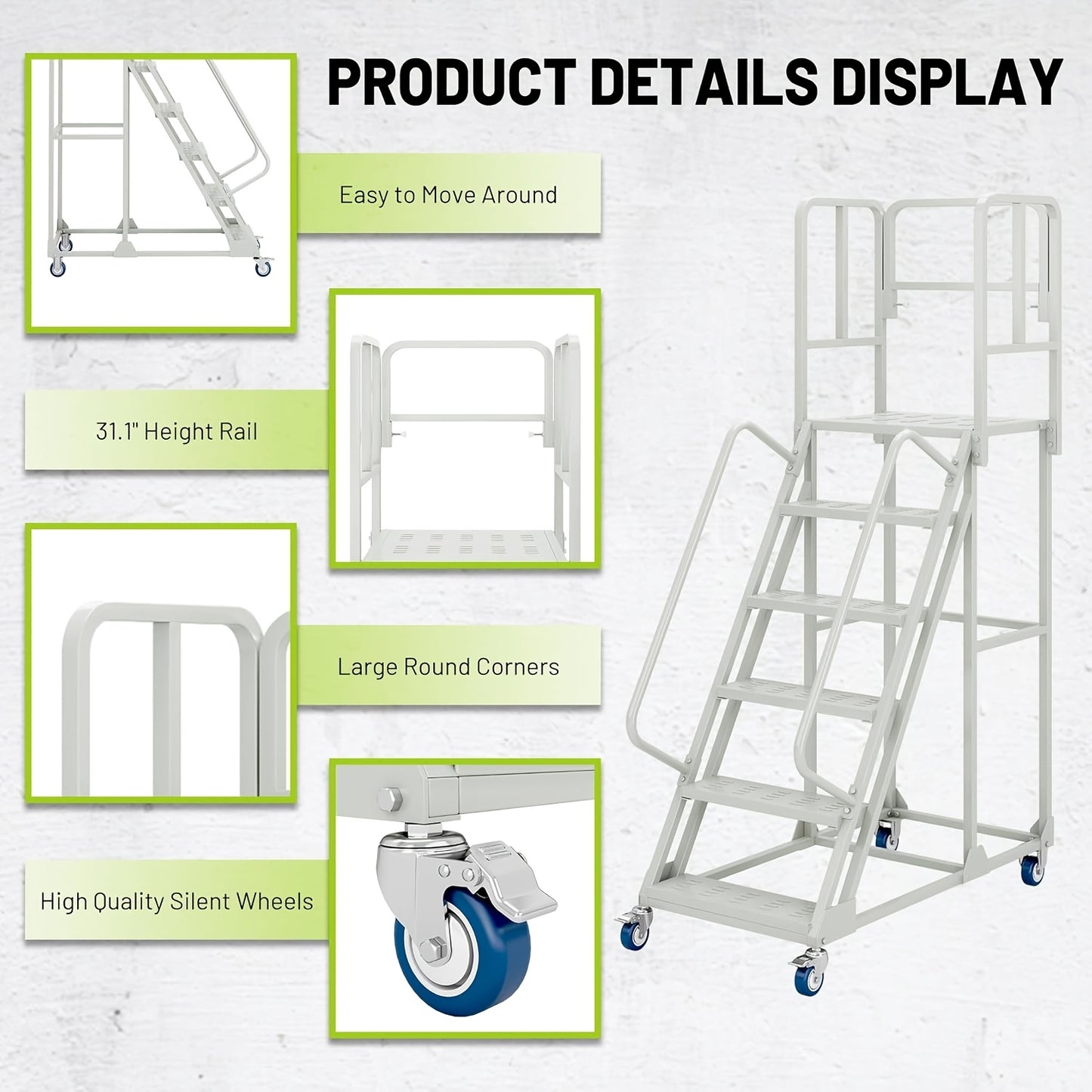 A 6-Step Rolling Ladder Measuring 24 Inches Wide And 90 Inches High, Featuring Dual Handrails And Lockable Wheels, Capable of Supporting Up to 1200 Pounds. This Heavy-Duty Mobile Platform Ladder Is Ideal for Use in Warehouses, Supermarkets