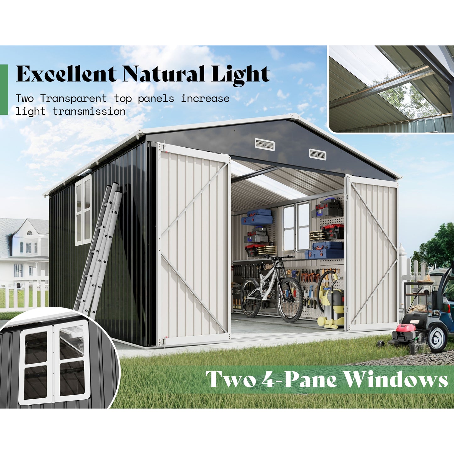Jocisland 10X12X7 FT Galvanized Steel Storage Shed with 2 4-Pane Windows Hinged Double Doors, Outdoor Shed for Backyard, Garden, Patio