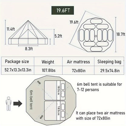 Outdoor Waterproof 19.6FT Oxford Bell Tent, Tent With Zipped In Groundsheet For 8-10 Persons