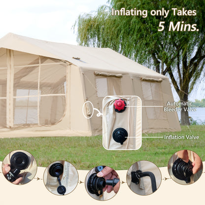 186Sqft Inflatable Camping Tent with Hand Pump Easy Setup Outdoor Air Tent 4 Seasons Glamping Cabin House with Windows And Door