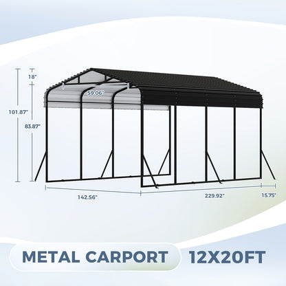 12x20 FT Metal Carport, Garage With Updated Frame Structure, Galvanized Steel Roof And Enhanced Base Canopy, Metal Garage Car Shelter Shade For Car, Boats, Truck And Outdoor Party
