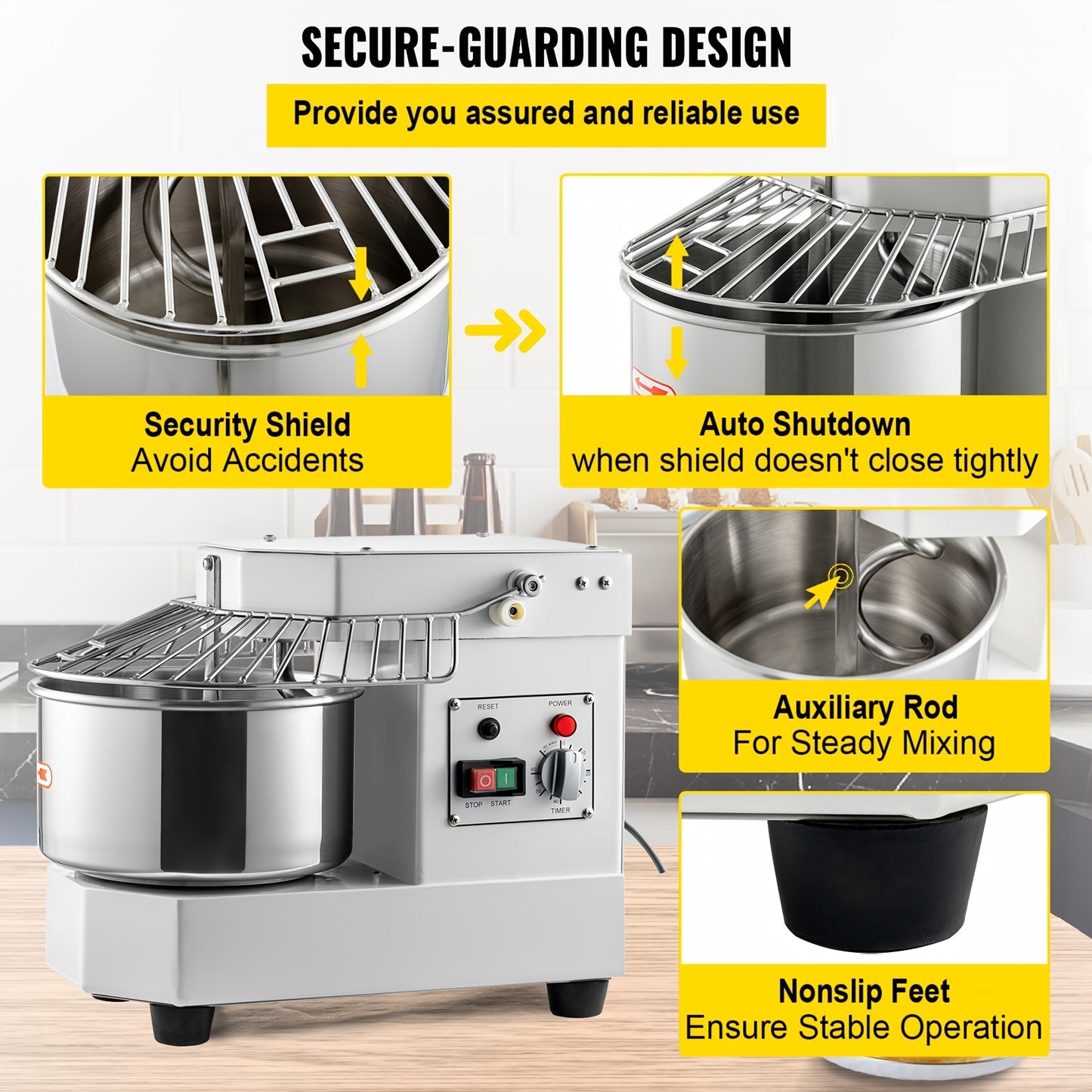 Happybuy 8.5Qt Commercial Food Mixer, 450W Dual Rotating Dough Kneader, Stainless Steel Bowl, Security Shield, Timer, Baking Equipment for Restaurant Pizzeria