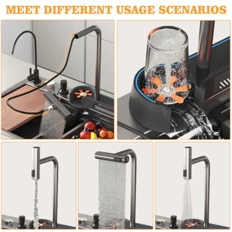 33x22x10in Black Smart Kitchen Sink Digital Display Ambient Light Multifunction Waterfall Kitchen Sinks 8 Gauge Metal Black Stainless Steel Single Bowl Workstation Sink with Soap Dispenser