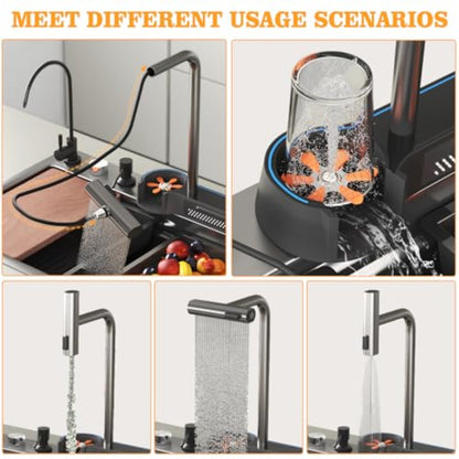 33x22x10in Black Smart Kitchen Sink Digital Display Ambient Light Multifunction Waterfall Kitchen Sinks 8 Gauge Metal Black Stainless Steel Single Bowl Workstation Sink with Soap Dispenser