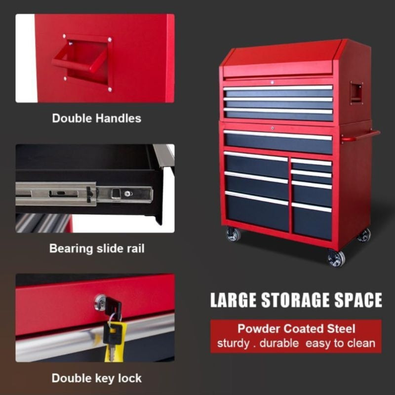 41 in. W x 24. 5 in. D Heavy Duty Rolling Tool Chests and Cabinets Combo, 20 Gauge Steel, 11-Drawer Garage Workshop Tool Chest and Top Tool Cabinet Set (11 Drawers - Red+Black)