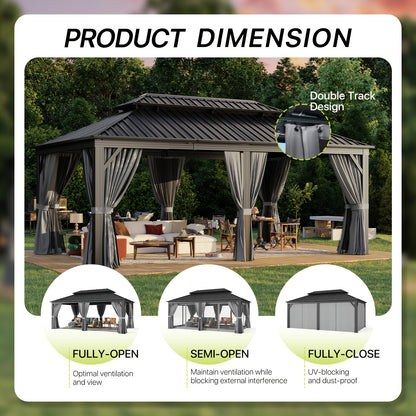 12' X 20' Outdoor Hardtop Gazebo, Aluminum Frame with Double Steel Roof, Privacy Curtain And Netting for Poolside, Backyard