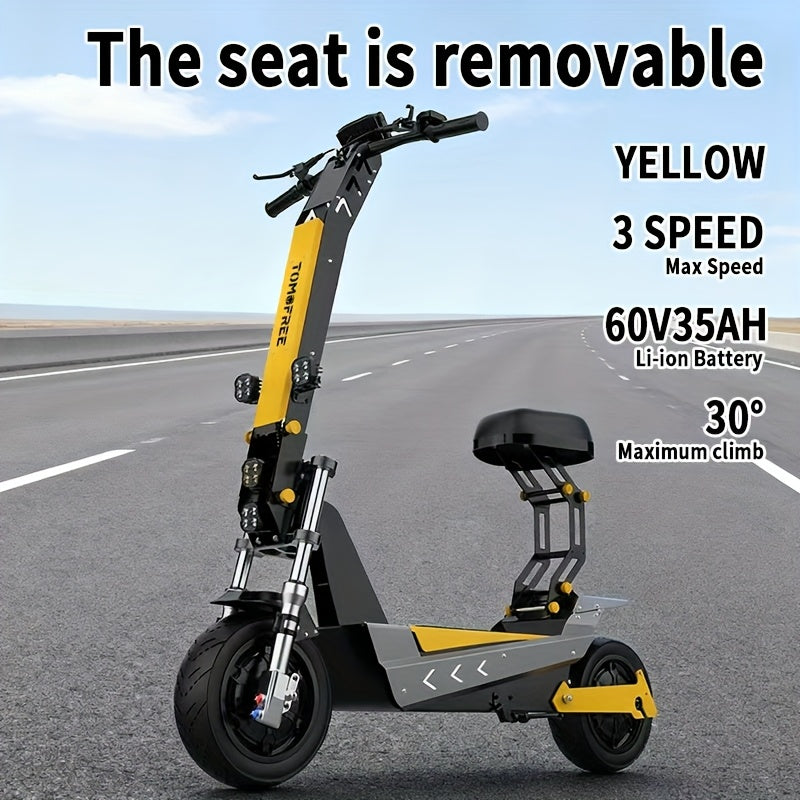 Tomofree Adult Electric Scooter, 60V35Ah 3-speed Range Of Approximately 75 Miles, 11 Inch Tires with Seats, Multiple Hydraulic Shock Absorbers with A Maximum Load Capacity Of 300 Pounds, Front Headlights, Foldable, LCD Display Screen