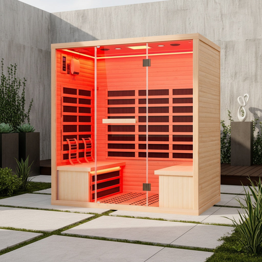 4-Person Infrared Sauna, 2145W Hemlock Wood Indoor Spa with Foot Warmer& 7-Color Light Therapy, Ambient Light Strips 63.2"x47.2"x75.2"