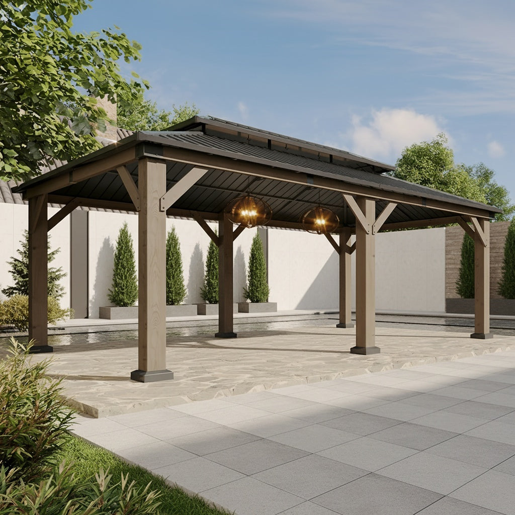 10' X 10' / 12' X 10' Outdoor Wooden Gazebo with Steel Double Roof, Cedar Pavilion for Patio, Garden And Backyard Use