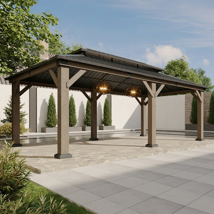 10' X 10' / 12' X 10' Outdoor Wooden Gazebo with Steel Double Roof, Cedar Pavilion for Patio, Garden And Backyard Use