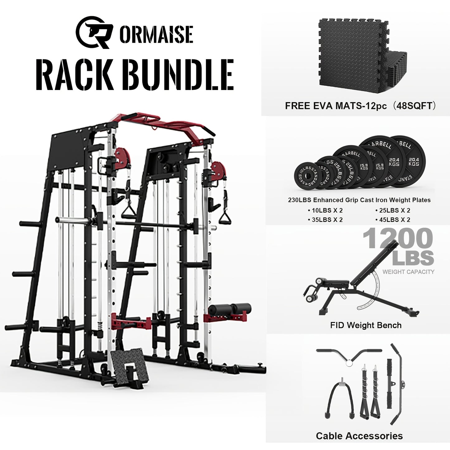 ALL-IN-ONE 2200lbs Smith Machine Home Gym, Squat Rack with LAT-Pull Down System & Cable Crossover Machine, Training Equipment with Weight Bar, 360° Landmine, Barbell Holders And Other Attachments, Total Body Strength Training Cage