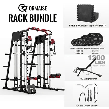 ALL-IN-ONE 2200lbs Smith Machine Home Gym, Squat Rack with LAT-Pull Down System & Cable Crossover Machine, Training Equipment with Weight Bar, 360° Landmine, Barbell Holders And Other Attachments, Total Body Strength Training Cage