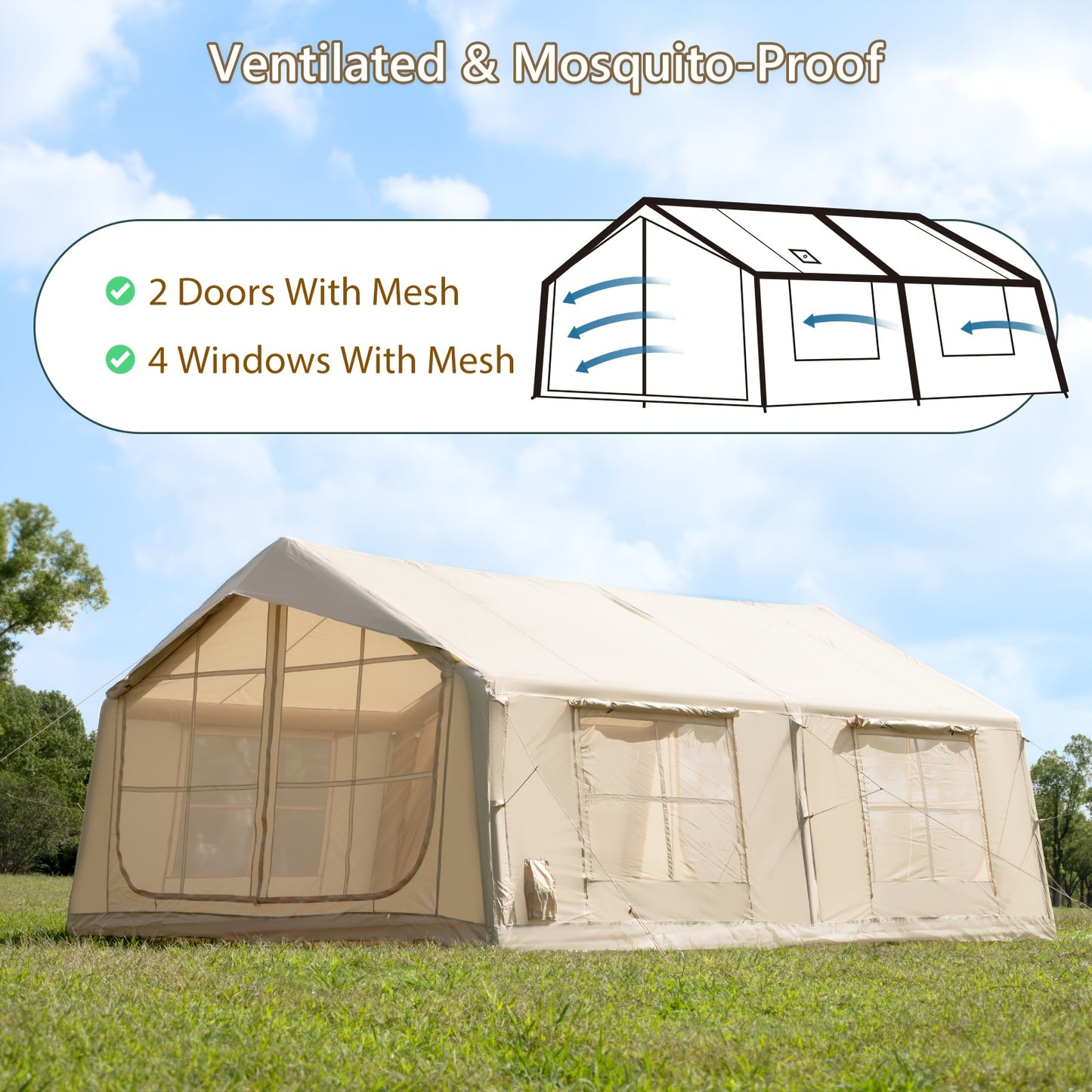 186Sqft Inflatable Camping Tent with Hand Pump Easy Setup Outdoor Air Tent 4 Seasons Glamping Cabin House with Windows And Door