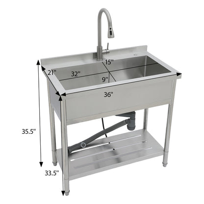 21'D X 36'W X 35.5'H Stainl Steel Large Utility Sink Single Bowl Freestanding Commercial Restaurant Sink with Pull-Out Faucet Utility Sink for Laundry Room Garage Kitchen