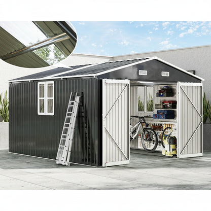 Jocisland 10X12X7 FT Galvanized Steel Storage Shed with 2 4-Pane Windows Hinged Double Doors, Outdoor Shed for Backyard, Garden, Patio