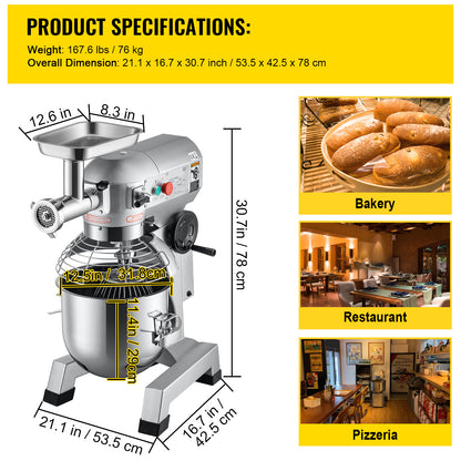 Commercial Stand Mixer, 20Qt Stainless Steel Bowl, 1100W 2 in 1 Multifunctional Electric Food Mixer with Meat Grinder & 3 Speeds, Dough Hook Whisk Beater Included, Perfect for Bakery Pizzeria