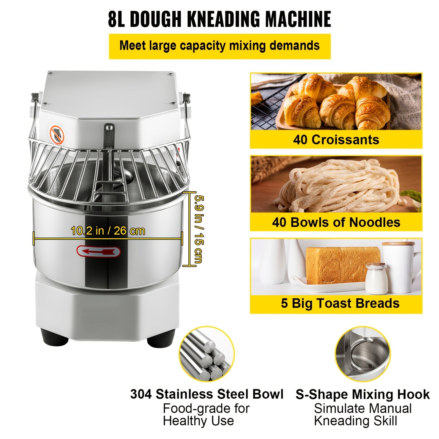 Happybuy 8.5Qt Commercial Food Mixer, 450W Dual Rotating Dough Kneader, Stainless Steel Bowl, Security Shield, Timer, Baking Equipment for Restaurant Pizzeria