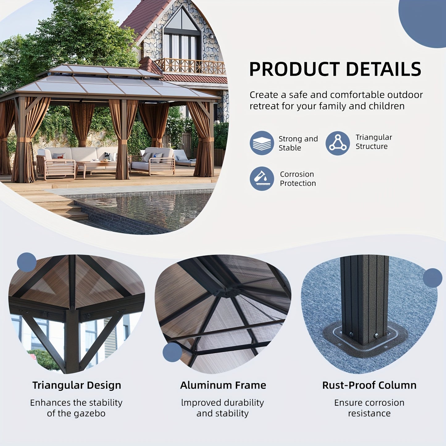 12'X20' Hardtop Gazebo, Aluminum Frame Permanent Pavilion with Curtains And Netting, Outdoor Polycarbonate Double Roof Canopy, for Patio, Lawns, Garden