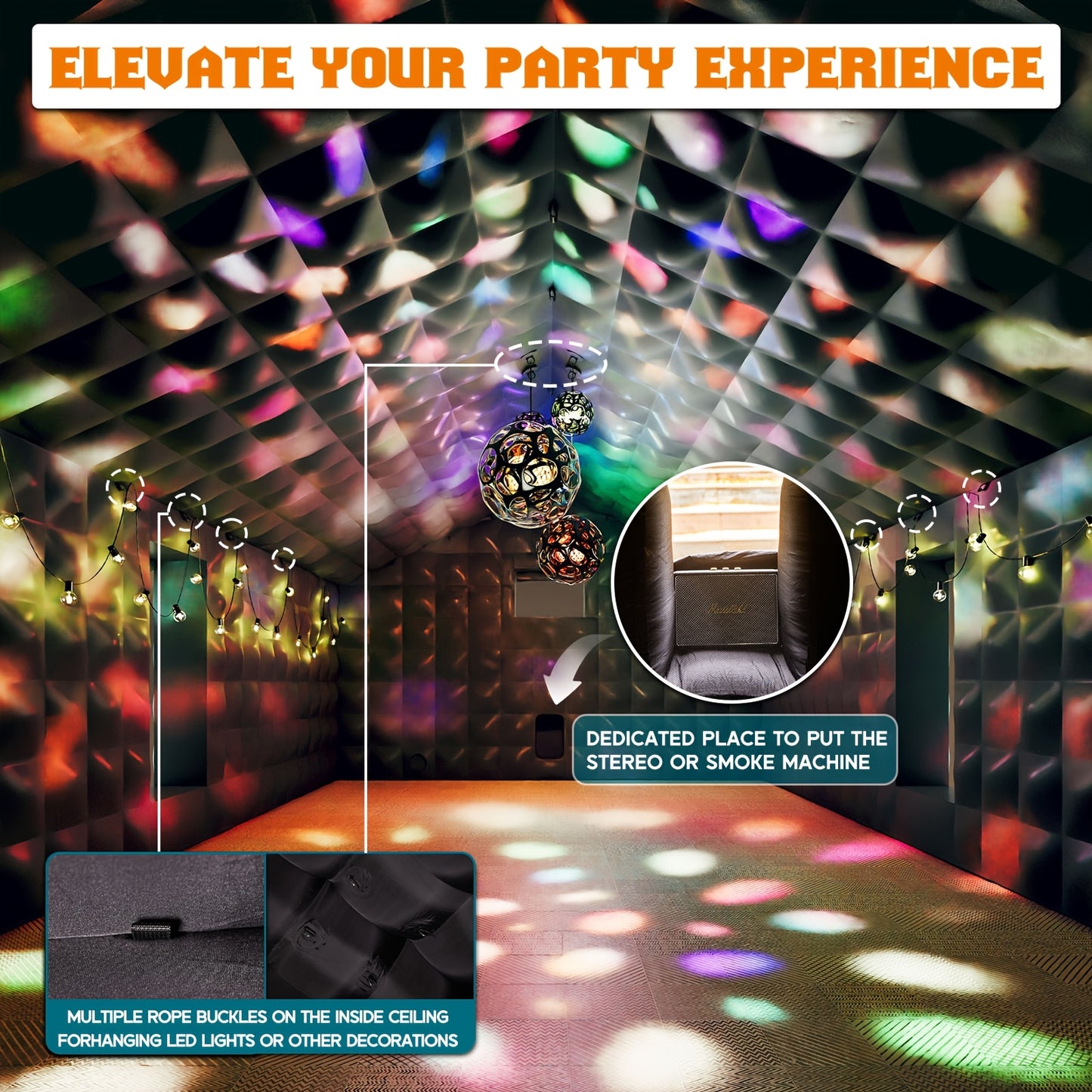 PAPAJET Large Black Inflatable Night Club Tent for Adults with 2 Side Doors, Inflatable Nightclub with Area Gazebo Event House for Wedding Birthday Backyard Party