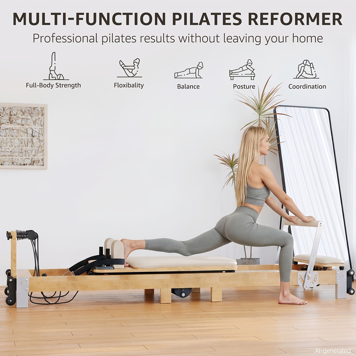 Pilates Reformer Machine, 97"L Foldable Studio Grade Pilates Equipment for Gym And Home, Oak Wood Pilates Reformer with Versatile Reformer Additions
