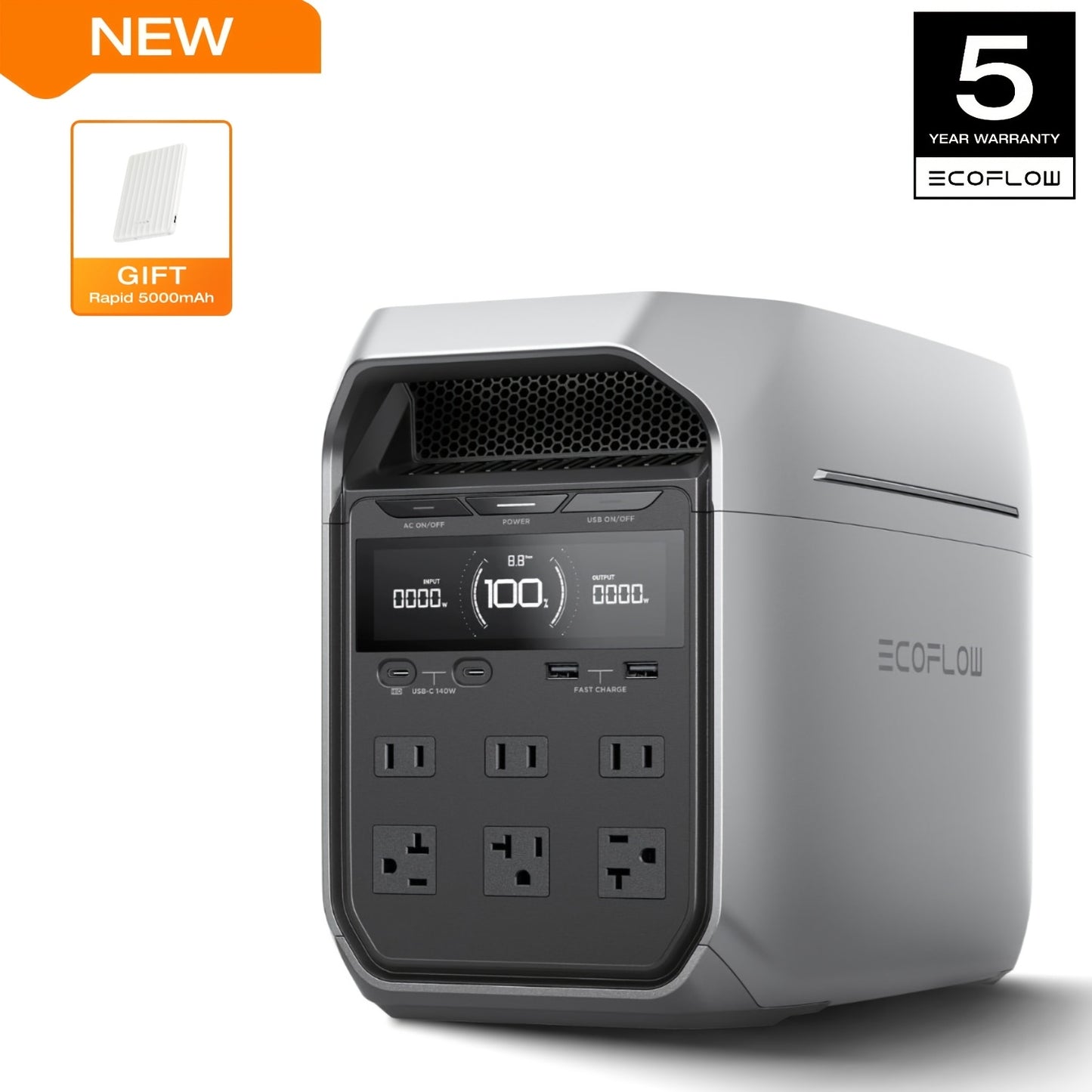 ECOFLOW DELTA 3 Portable Power Station & 20W GaN Charger Solar Generator - 1024Wh LiFePO4 Battery, 1800W Output, 56-Min Fast Charge, Dual-Power (Battery/), 10-Year Durability for Home Backup, Outdoors, RV, Camping - Compatible