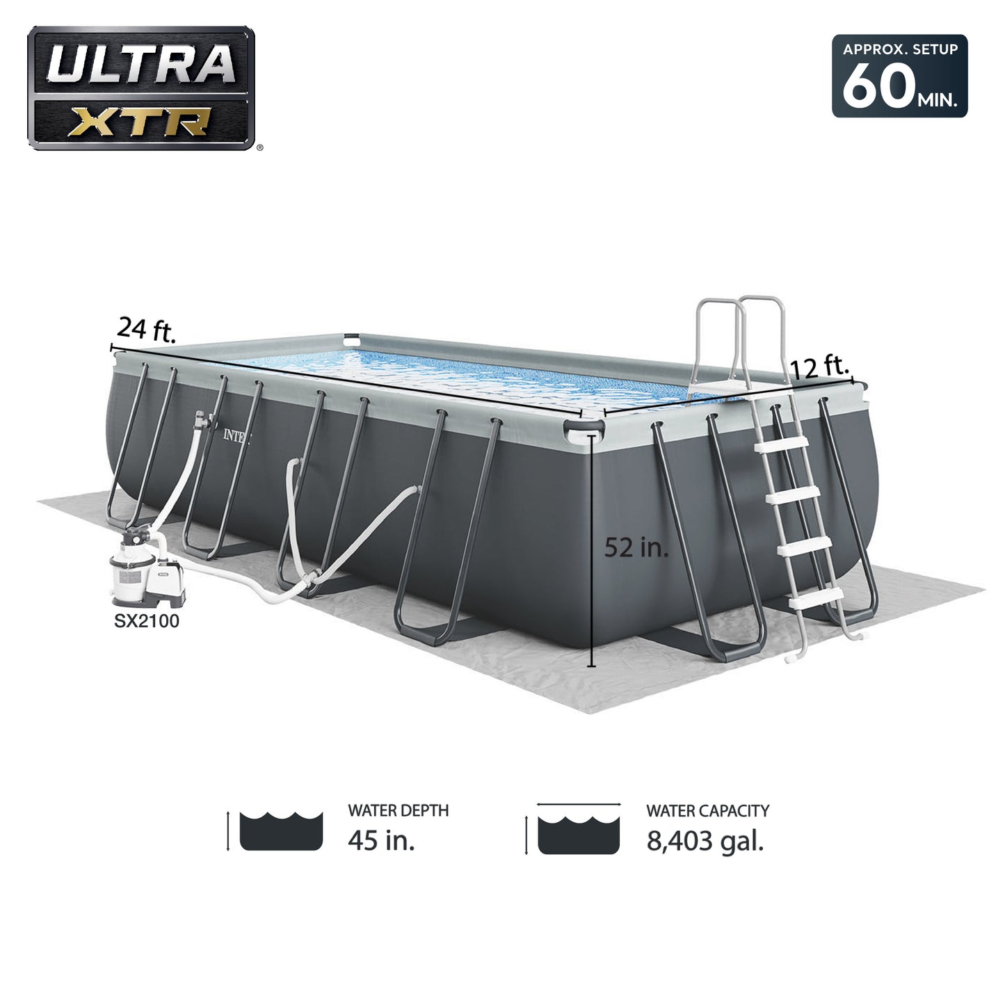 Ultra XTR Deluxe Rectangular Above Ground Swimming Pool Set: 24ft x 12ft x 52in – Includes 2100 GPH Sand Filter Pump – SuperTough Puncture Resistant – Rust Resistant – Easy to Assemble