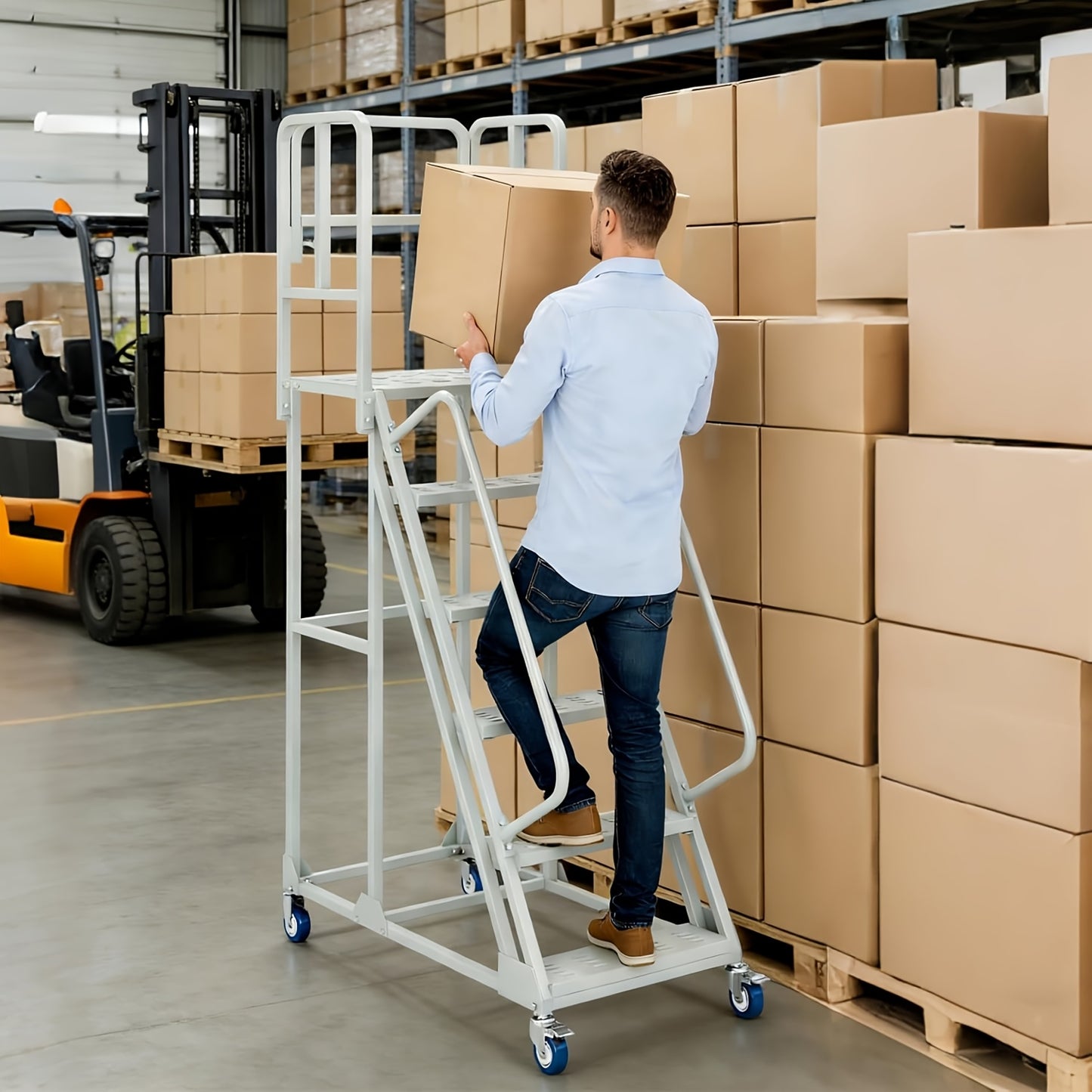 A 6-Step Rolling Ladder Measuring 24 Inches Wide And 90 Inches High, Featuring Dual Handrails And Lockable Wheels, Capable of Supporting Up to 1200 Pounds. This Heavy-Duty Mobile Platform Ladder Is Ideal for Use in Warehouses, Supermarkets
