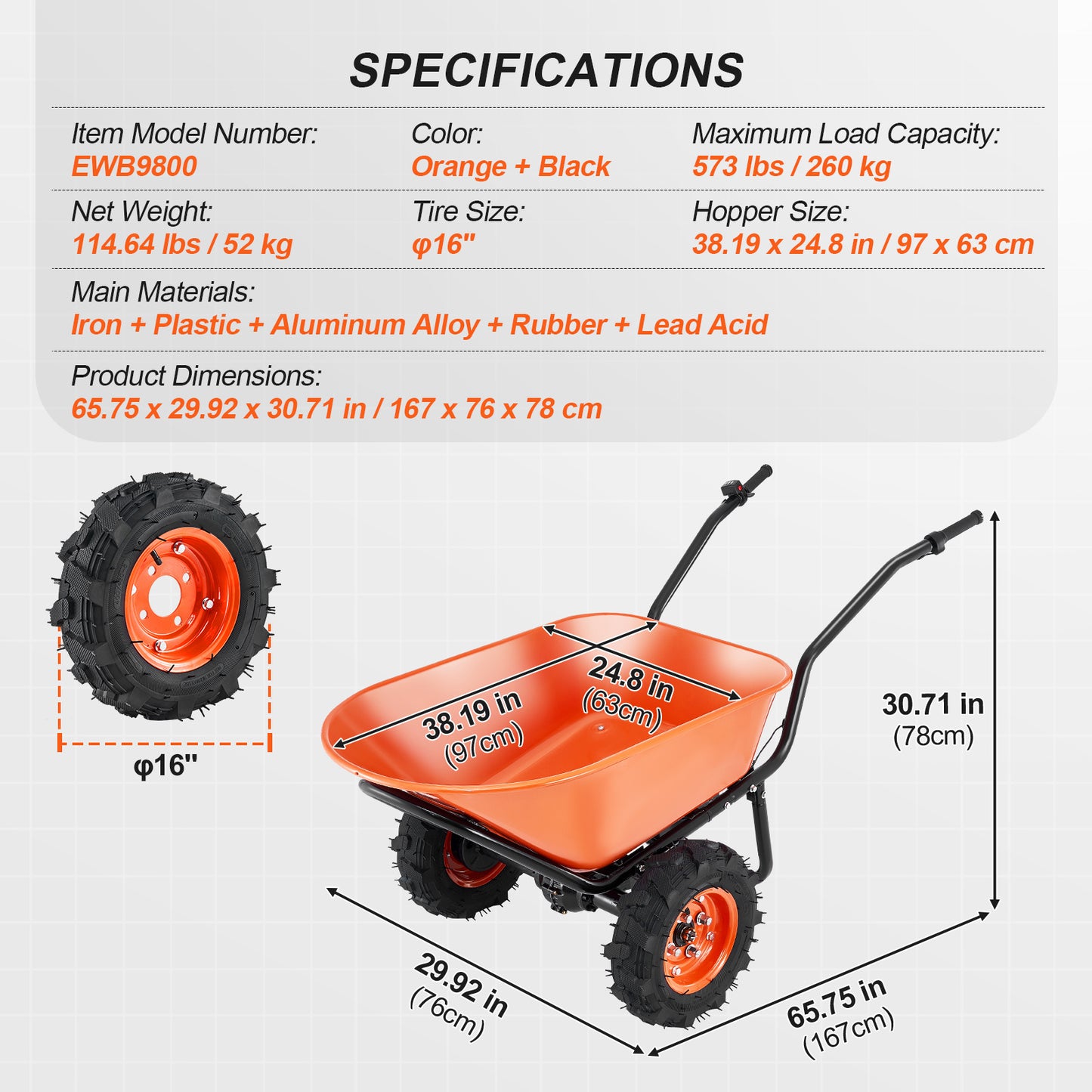 Electric Wheelbarrow Cart, 500W Powered Utility Garden Wagon Dump Cart, 4.5 Cu. Ft. Load & 573 lbs Capacity with Metal Handle & 16" Track Wheels, Two Wheel Barrow Yard Cart & Wagons for Lawn
