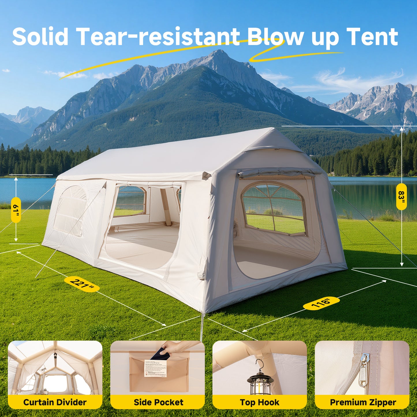 12 Person Inflatable Camping Tent, Easy Setup Blow Up Tent with Hand Pump, PU3000mm Waterproof & Breathable 4 Season Glamping Tent for Outdoor Camping