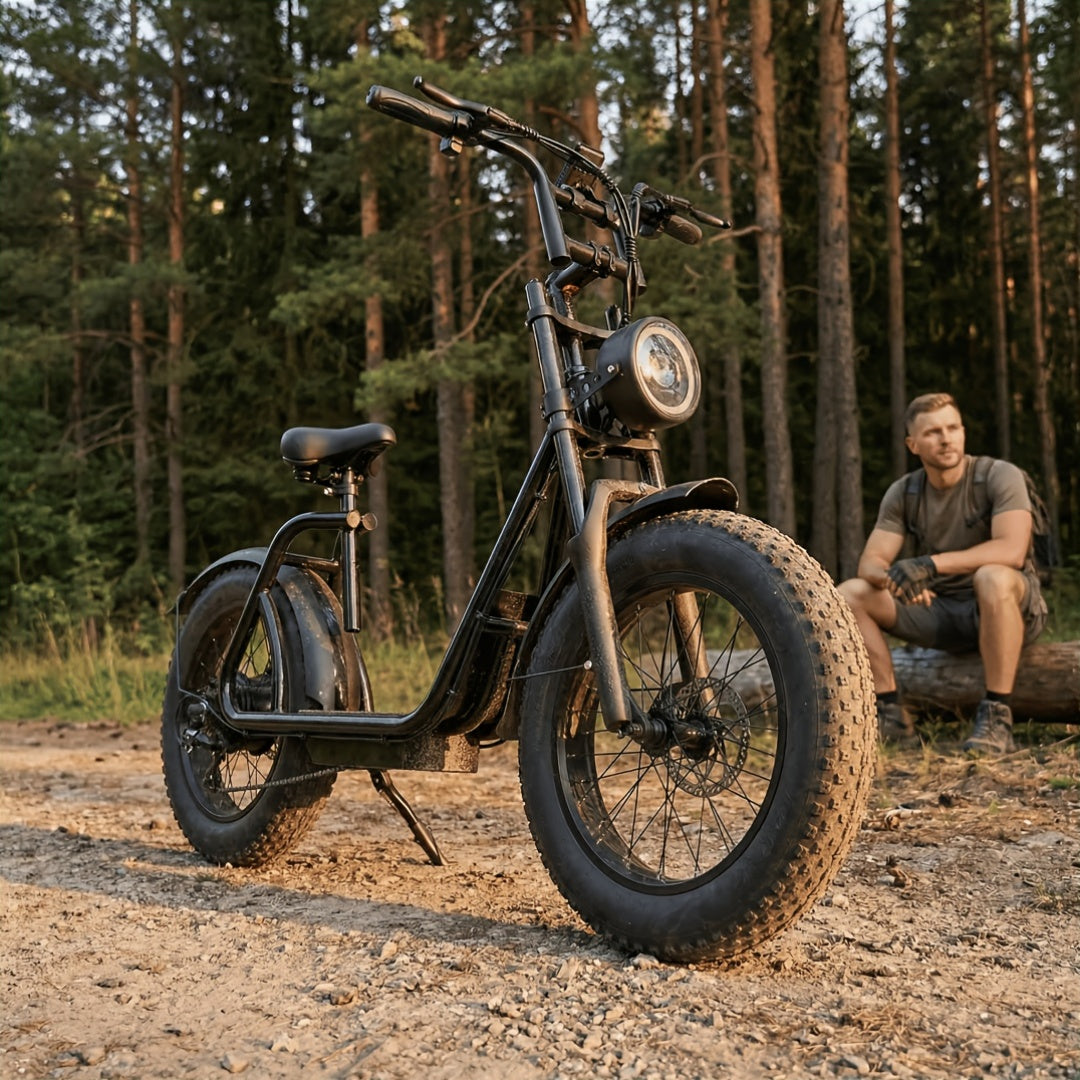 Electric Off-Road Scooter with Seat, Front And Rear Disc Brakes, Rear Wheel with ABS Anti-Lock Braking System for Safer Sudden Stops. Ultra-Long Range of 50 Km, Suitable for City Roads And All-Terrain Off-Road Use