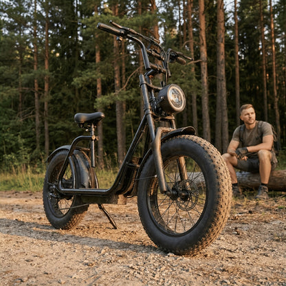 Electric Off-Road Scooter with Seat, Front And Rear Disc Brakes, Rear Wheel with ABS Anti-Lock Braking System for Safer Sudden Stops. Ultra-Long Range of 50 Km, Suitable for City Roads And All-Terrain Off-Road Use